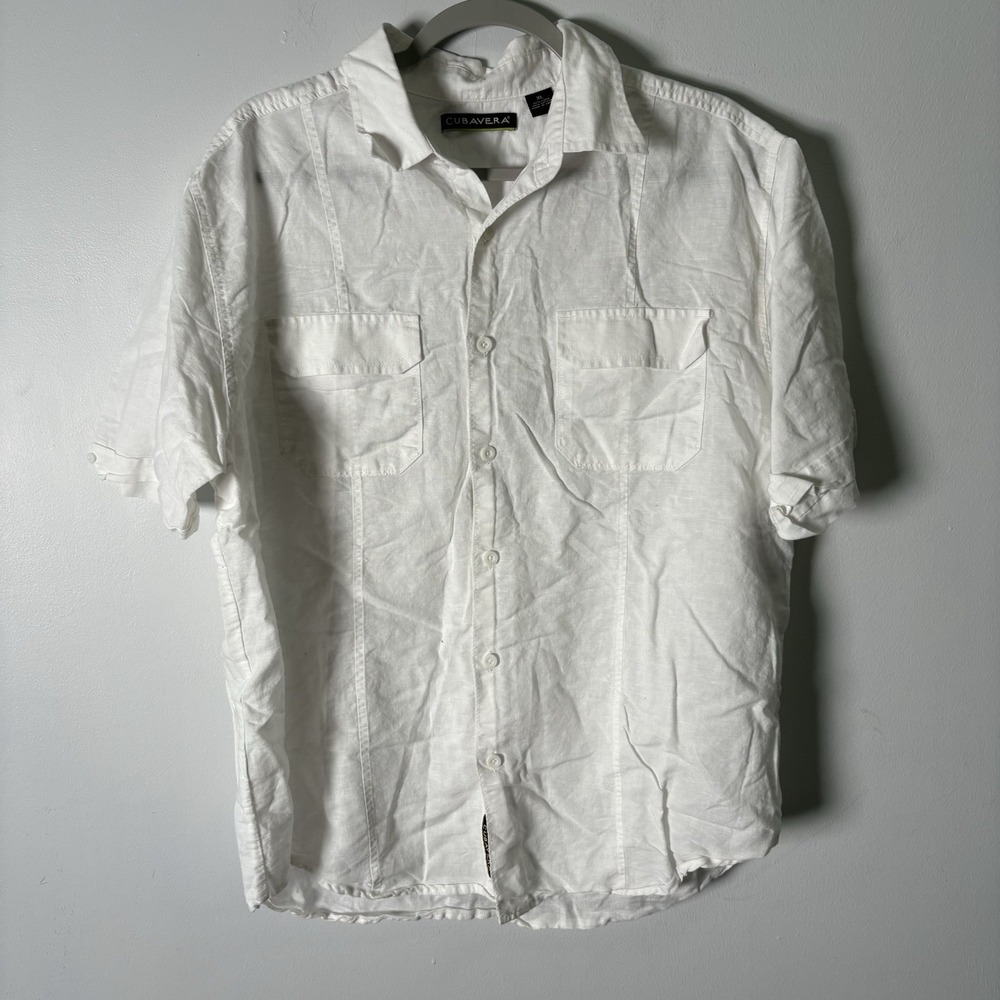 Cubavera Shirt Mens XL Linen Blend Ivory Short‎ Sleeve White Button Up